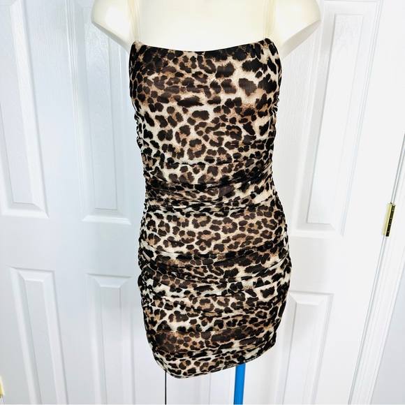 DAY & NIGHT leopard print mini dress clear shoulder straps fabric black tan S - Picture 8 of 9